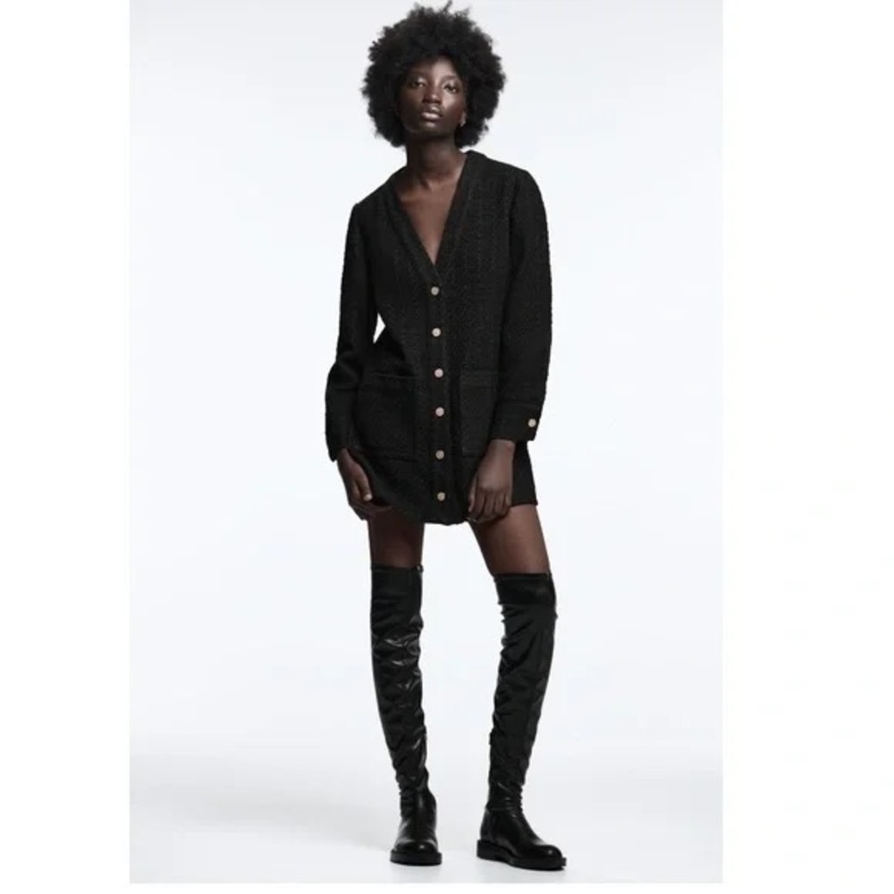 ZARA Women's Large‎ Black Textured Tweed Mini Coat Dress